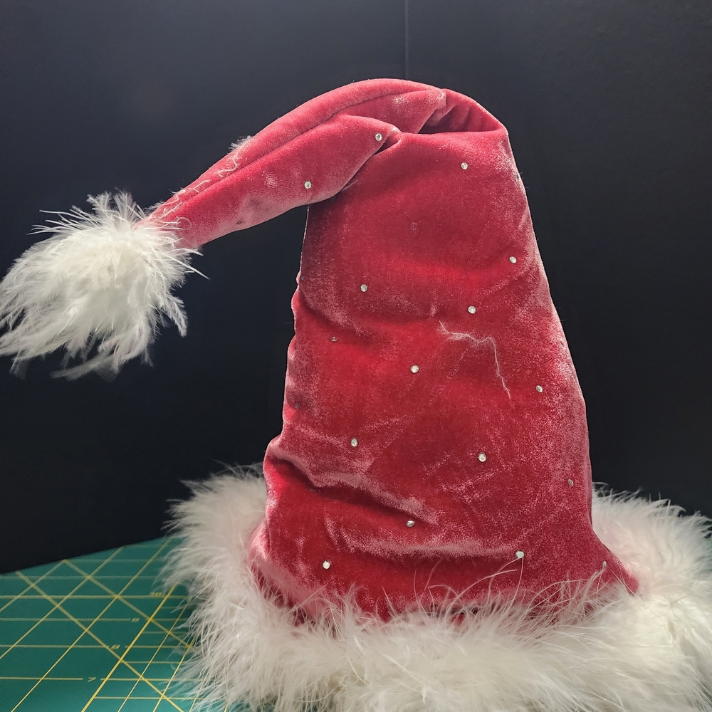 Festive Red Santa Hat with Rhinestones And Ostrich Feather Trim